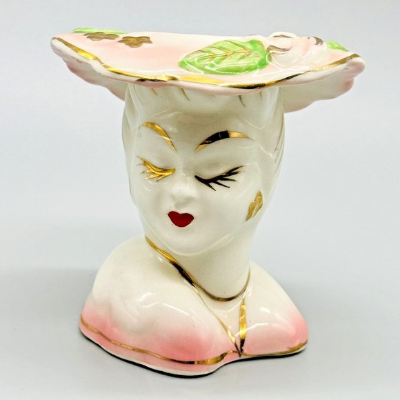 Unbranded Other - Lady Head Vase Pink Gold Eyelashes Highlights Jewelry Hat 1950s 3 inch